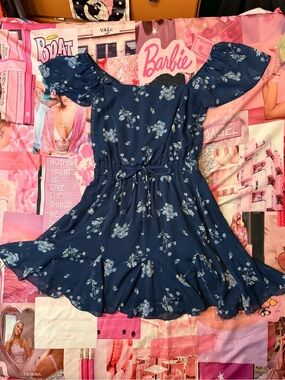 Navy Blue Floral Puff-Sleeve Mini Dress